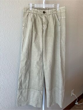 Free people khaki wide leg pleated trouser pant 100% cotton size 6